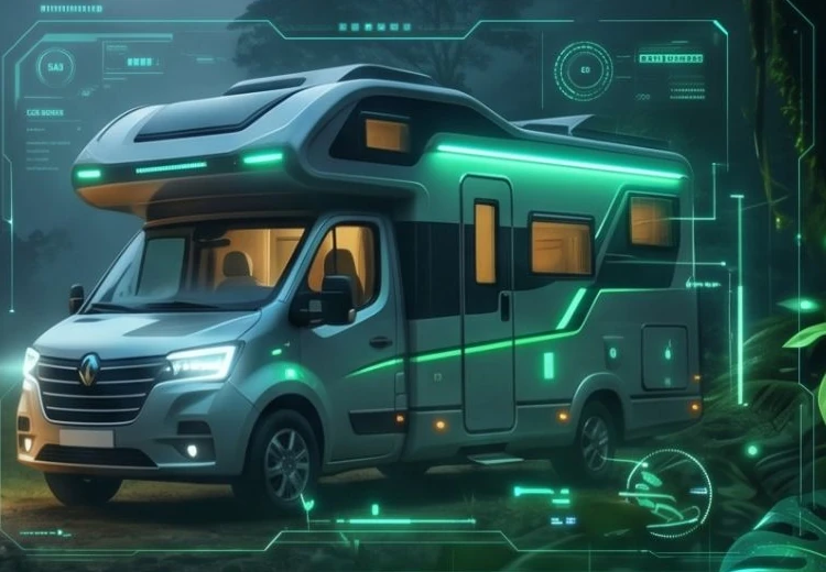 Futuristic electric camper van parked in a misty jungle clearing, with glowing green trim and a holographic display